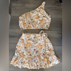 American Eagle Linen Yellow Gold Floral Set- One Shoulder Top and Wrap Skirt